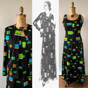 Vintage 1970s Black Green Multi Geometric Sleeveless Maxi Dress Jacket Set S M